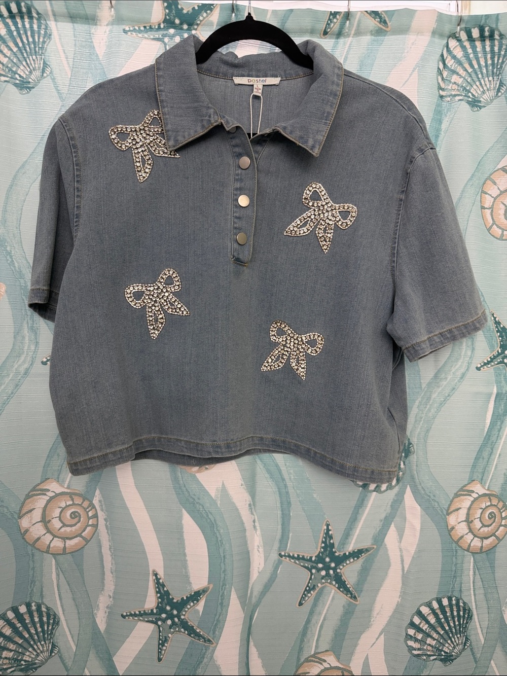 Pastels Light Blue Cropped Denim Polo with Rhinestone Bows